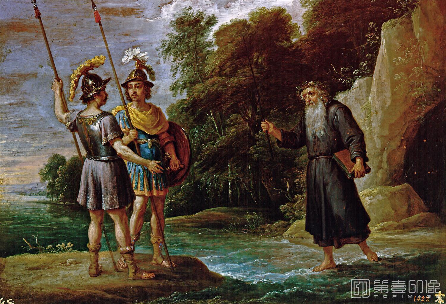 油画-西班牙普拉多美术馆油画藏画-Teniers, David-El mago descubre a Carlos y Ubaldo el paradero de Reinaldo-2661